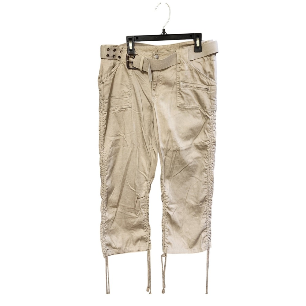 Bugle Boy Juniors Khaki Cargo Capri Pants Tan Belted Utility Crop Trouser Size 9